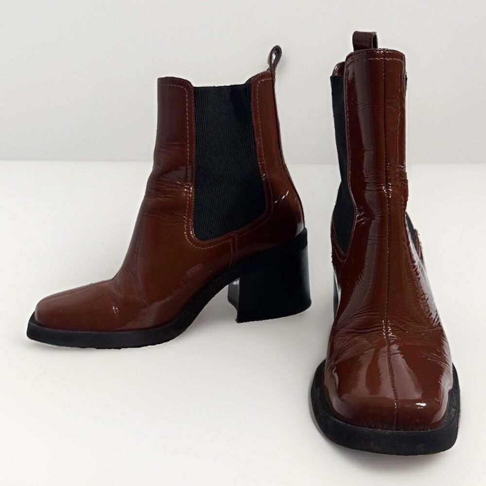 Gianni Bini Ankle Boots Womens 9m Brown Shiny Square Toe Block Heel Shoes